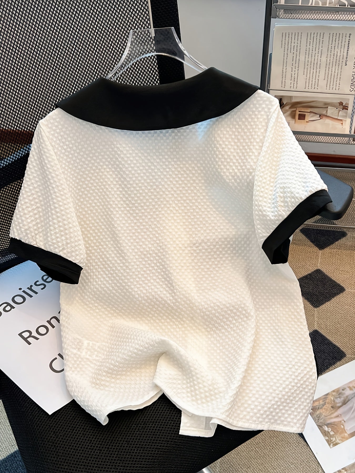 Blusa elegante para mujer con cuello Claudine estilo retro, mangas cortas, ideal para la oficina o salidas