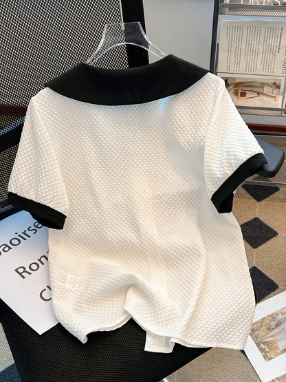 Blusa elegante para mujer con cuello Claudine estilo retro, mangas cortas, ideal para la oficina o salidas