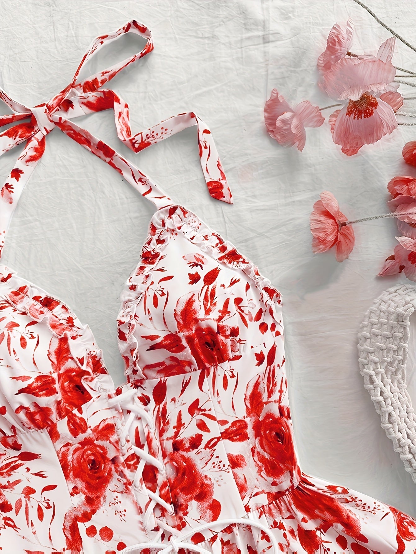 Sommerkjole til kvinder i boheme-stil med flæser, halterneck, blomsterprint, ideel til aftener og fester