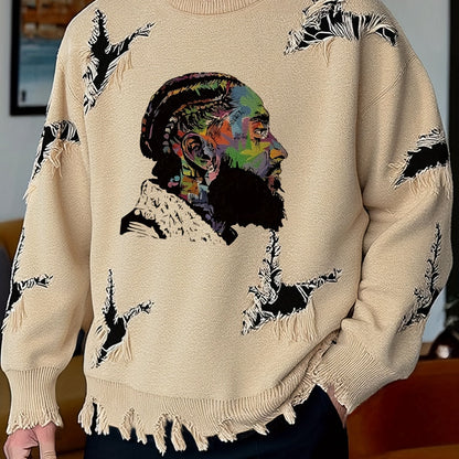Pull homme décontracté beige à col rond avec motif visage coloré et détails déchirés