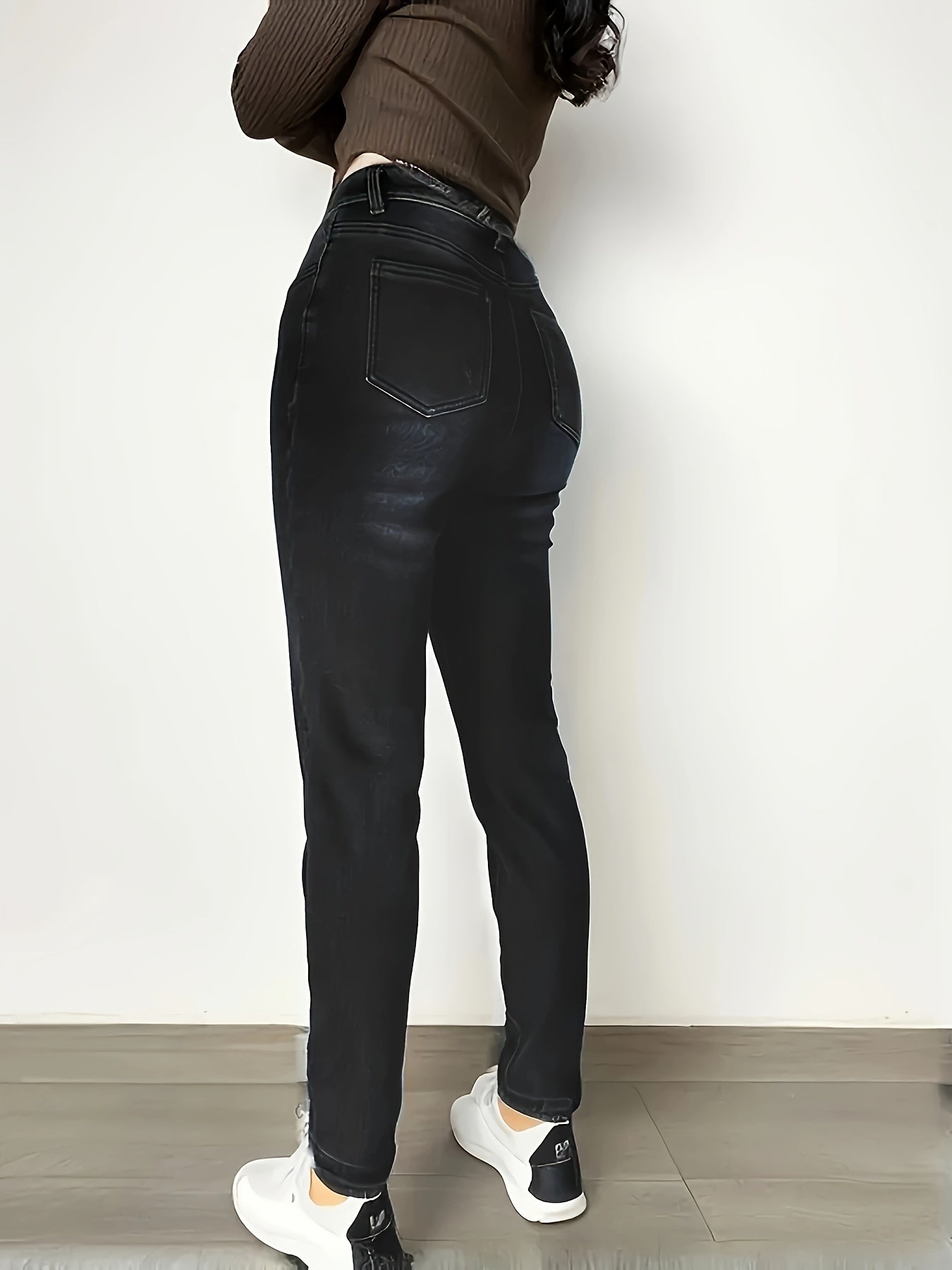 Legging Femme doublé en polaire aspect jean noir taille haute