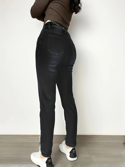 Legging Femme doublé en polaire aspect jean noir taille haute