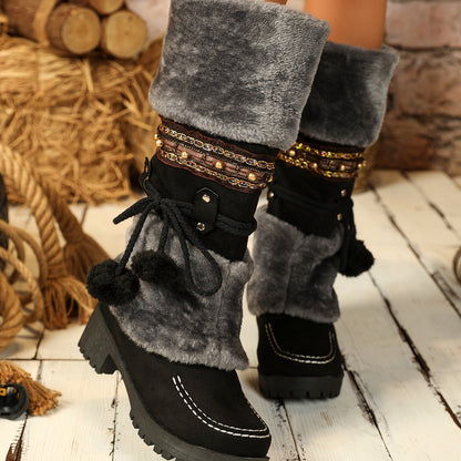 Bottes Femme Mi-Mollet Chaudes Style Ethnique Marron avec Fourrure et Pompons