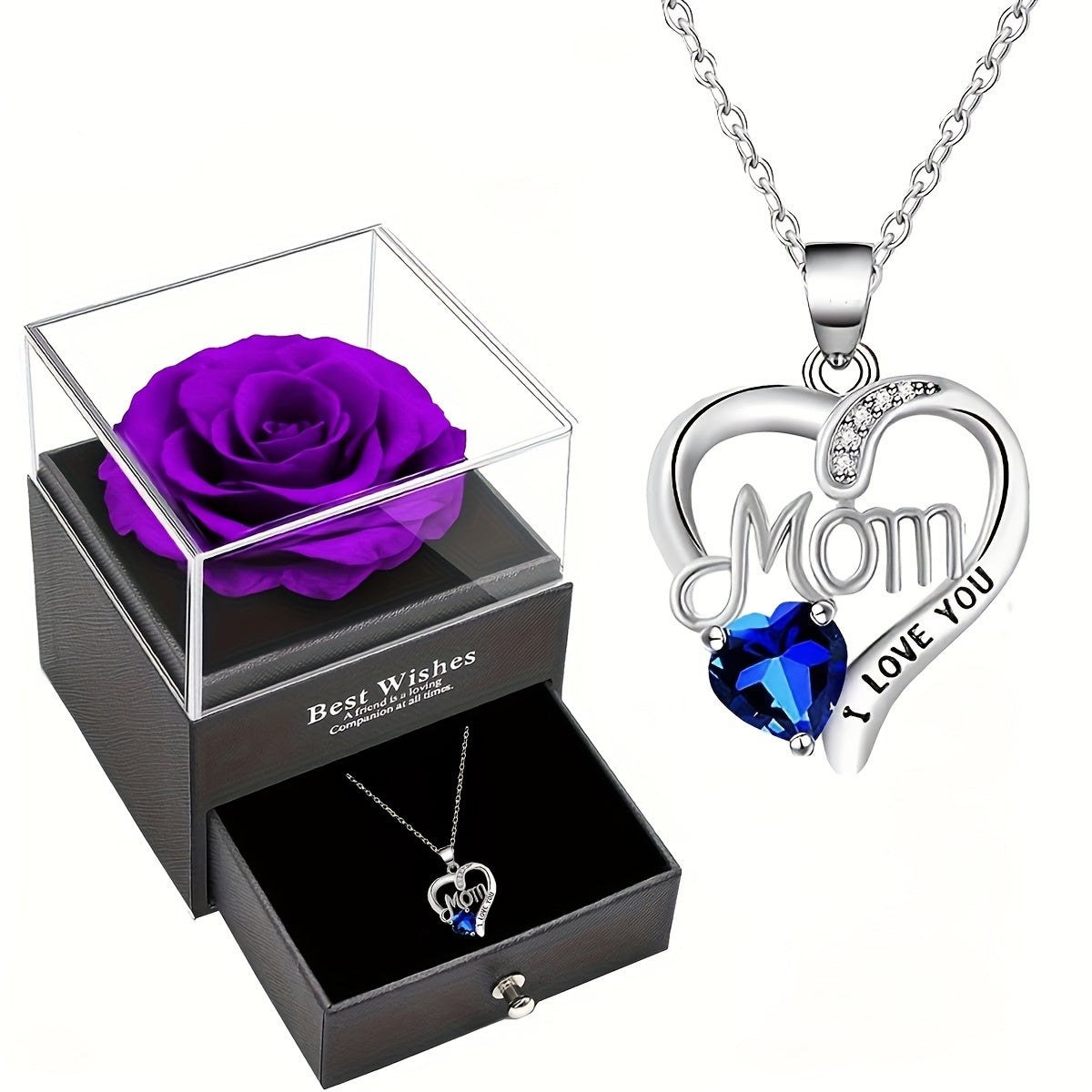 Collier Femme Pendentif Coeur 'Mom' avec Rose Éternelle – Cadeau Élégant pour la Fête des Mères