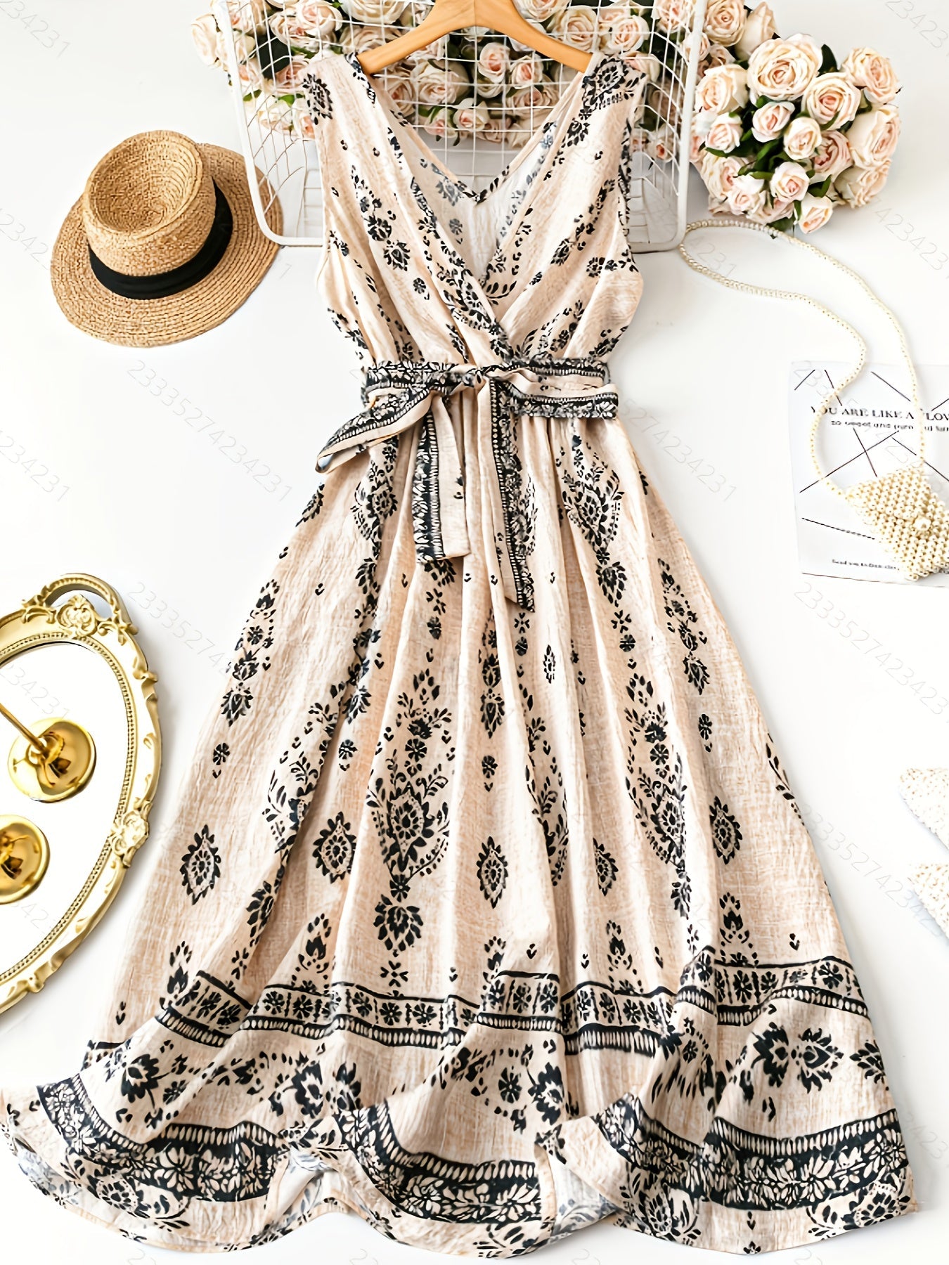 Vestido largo bohemio para mujer con estampado damasco y cinturón, estilo vintage chic