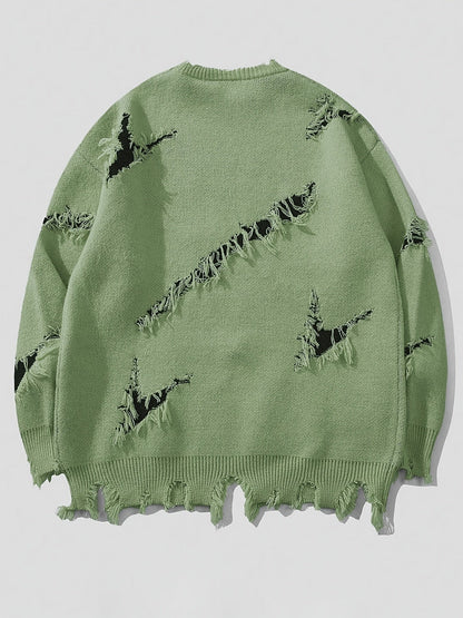 Pull homme décontracté beige à col rond avec motif visage coloré et détails déchirés