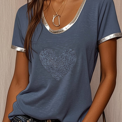 T-shirt décontracté femme à motif cœur brillant et détails métalliques – Style tendance pour sorties et quotidien
