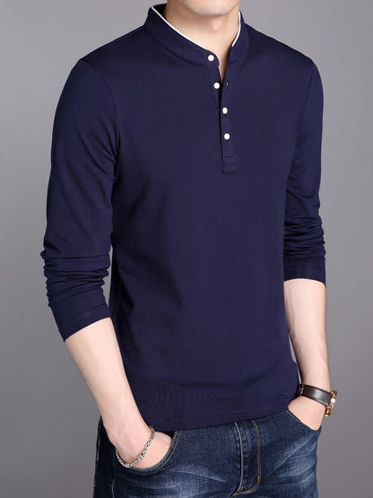 T-shirt Polo Homme Manches Longues Col Mao Rouge Bordeaux
