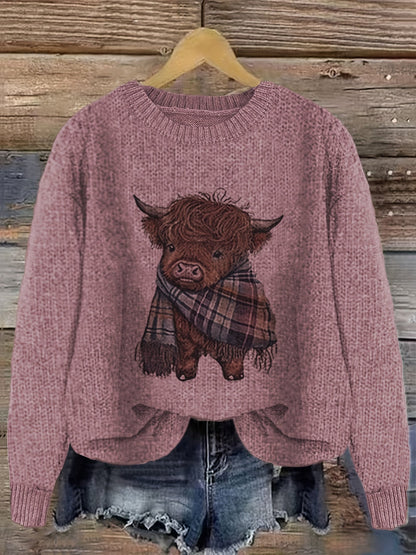 Women's Crew Neck Highland Cow Graphic Pullover Sweater