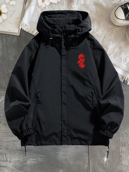 Veste à Capuche Noire Imprimé Dragon Rouge Fermeture Éclair Homme