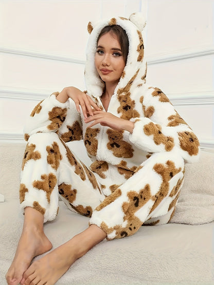 Combinaison Pyjama Polaire Femme à Capuche Ourson ou Pois Colorés Fermeture Éclair