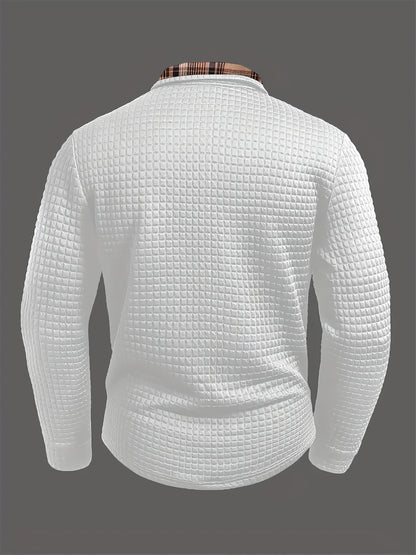Polo homme à manches longues texturé motif gaufré avec col et poche à carreaux