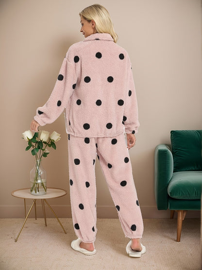 Pyjama Femme Doux Polaire Motif Pois Manches Longues Zip Intégral