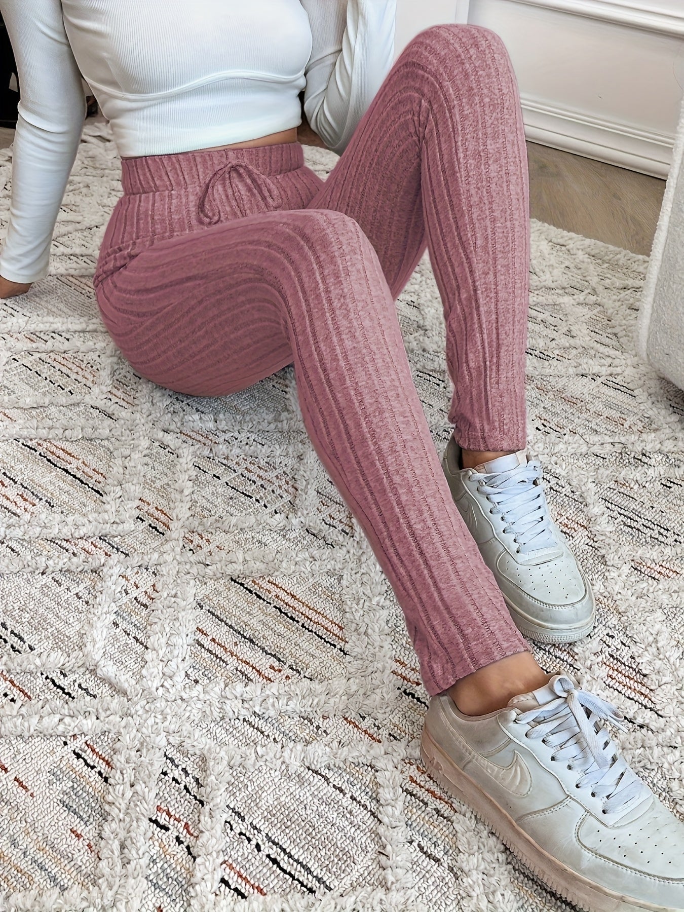 Legging Femme Côtelé Taille Haute Ajustable Confortable Marron Chiné