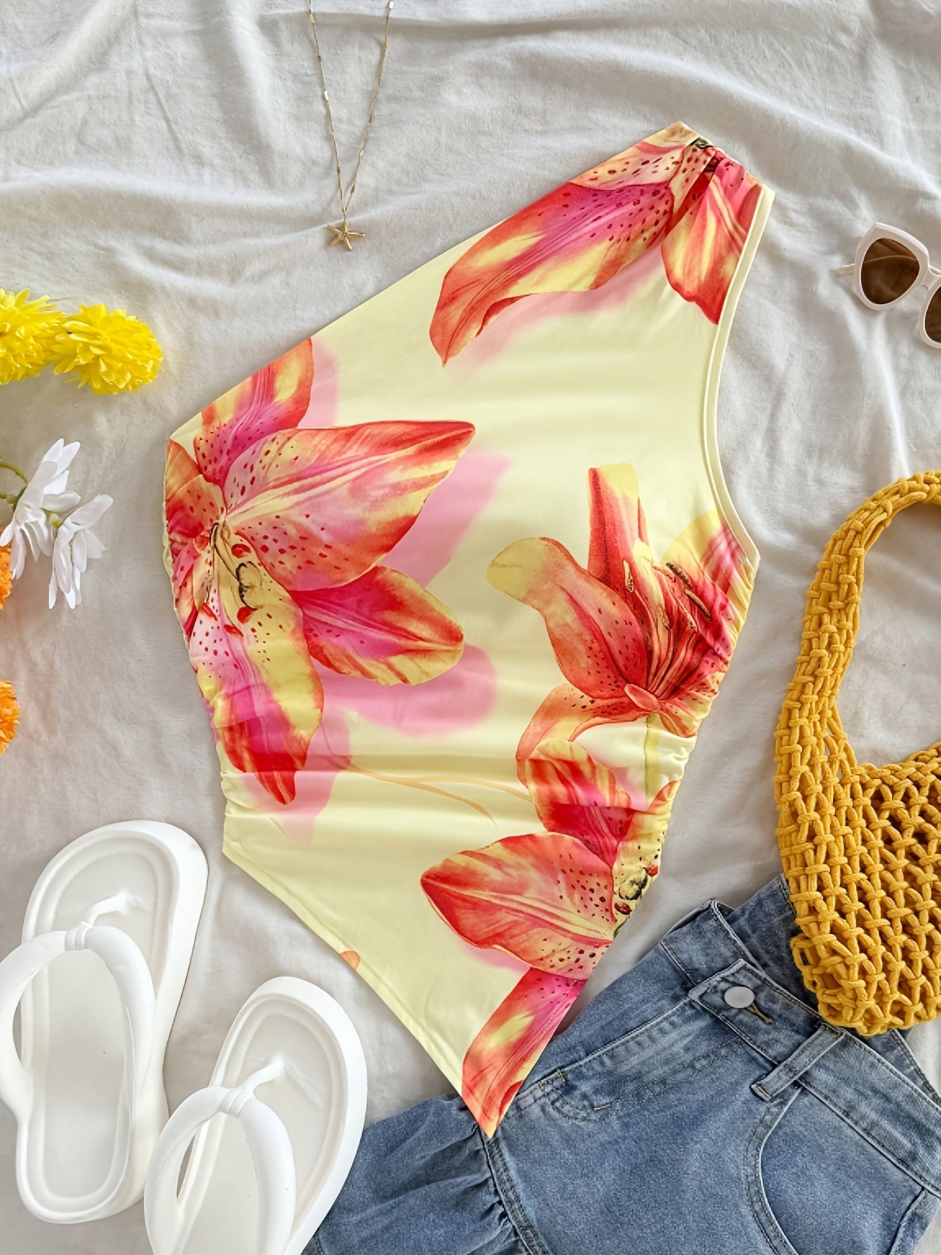 Body une épaule motif floral style élégant pour femme – Idéal printemps/été
