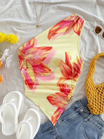 Body une épaule motif floral style élégant pour femme – Idéal printemps/été