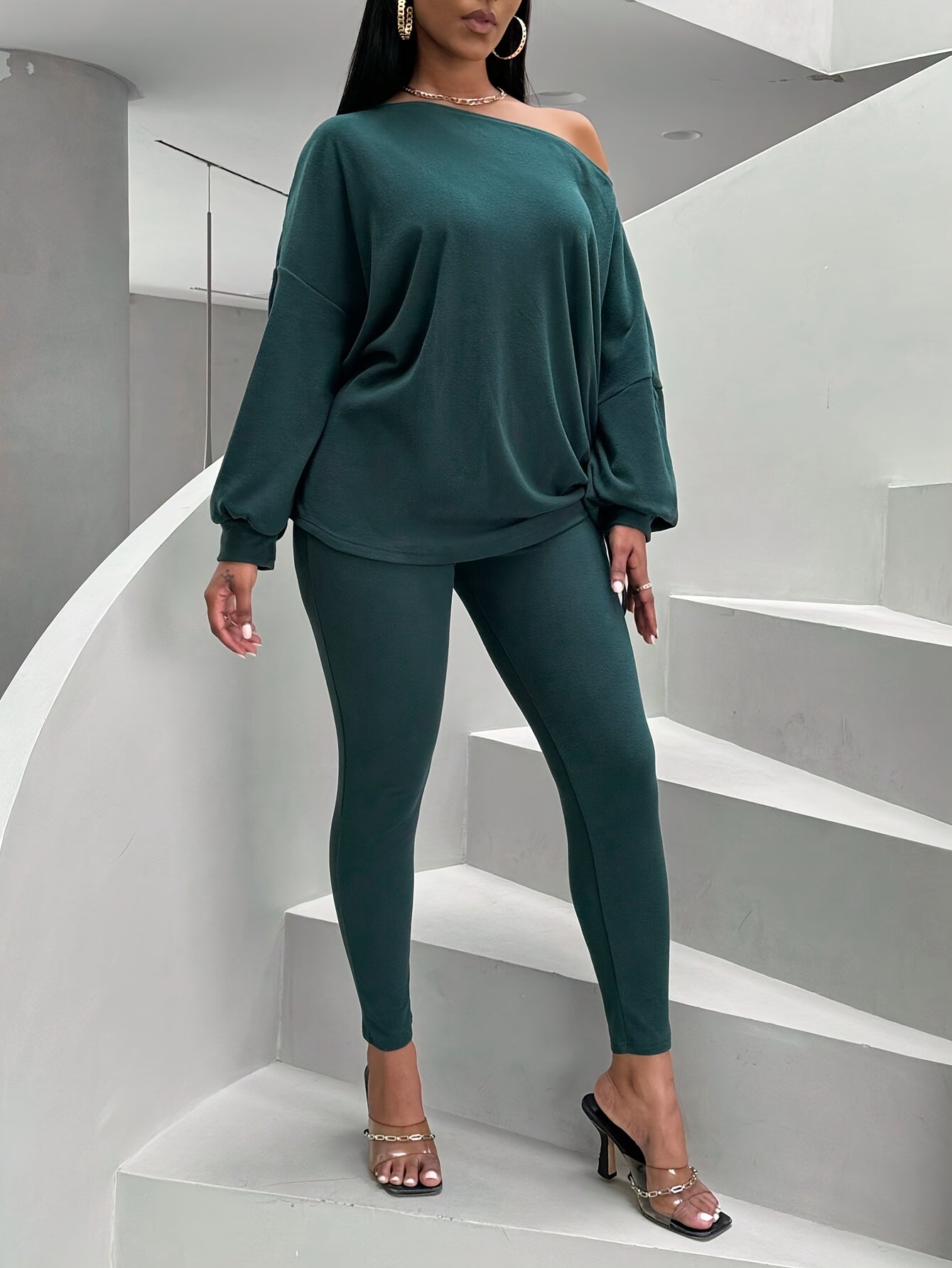 Ensemble pull col bateau et legging côtelé femme vert foncé
