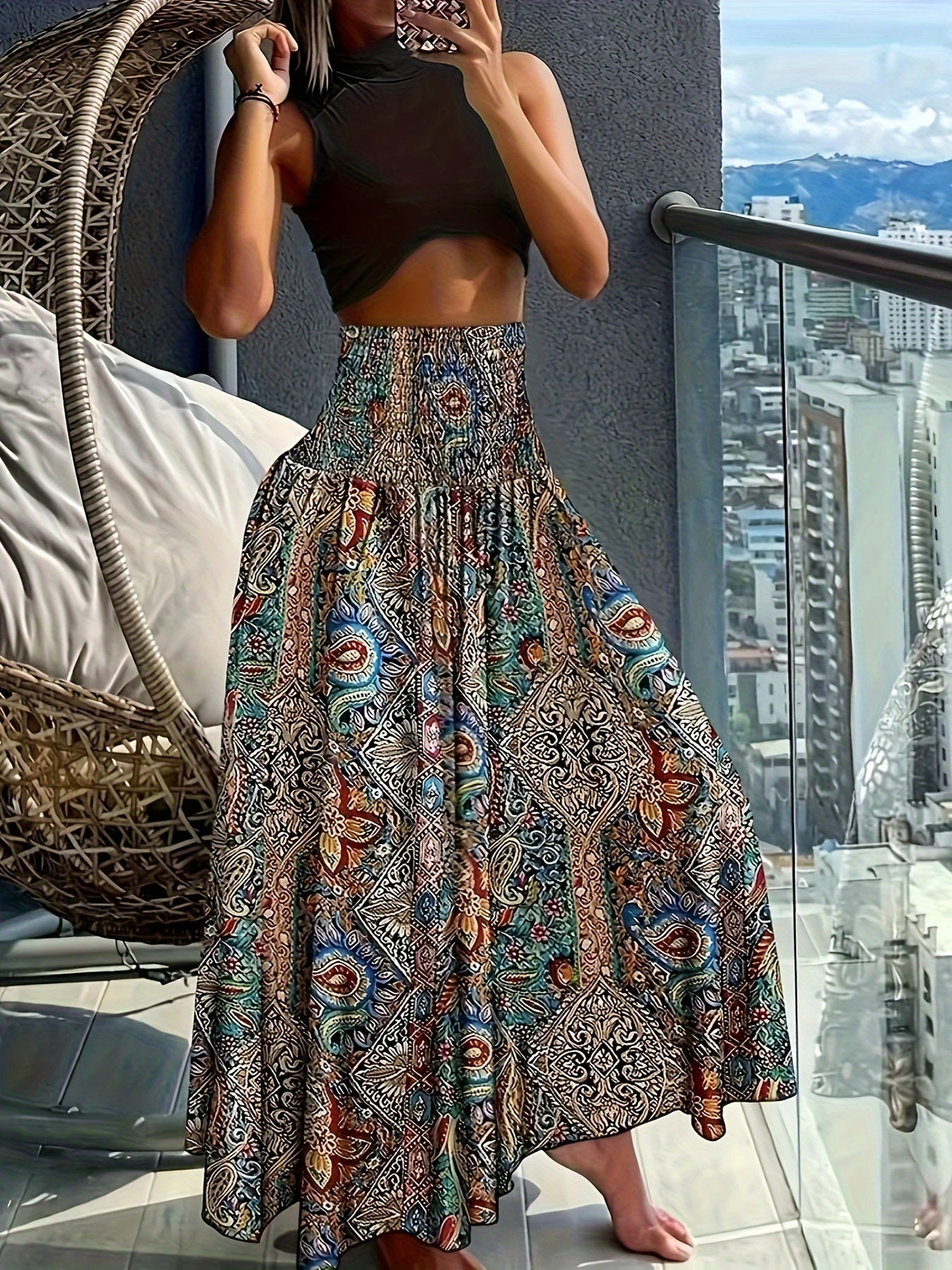 Falda larga de talle alto bohemia para mujer con estampados tropicales para el verano