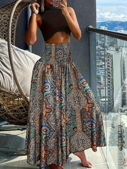Falda larga de talle alto bohemia para mujer con estampados tropicales para el verano