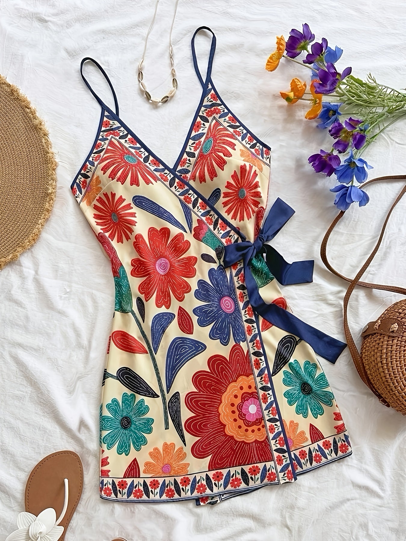 Abito portefeuille tropicale donna stile vacanze con stampa floreale e pappagallo