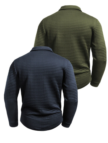 Polo homme à manches longues texturé quadrillé bicolore col chemise