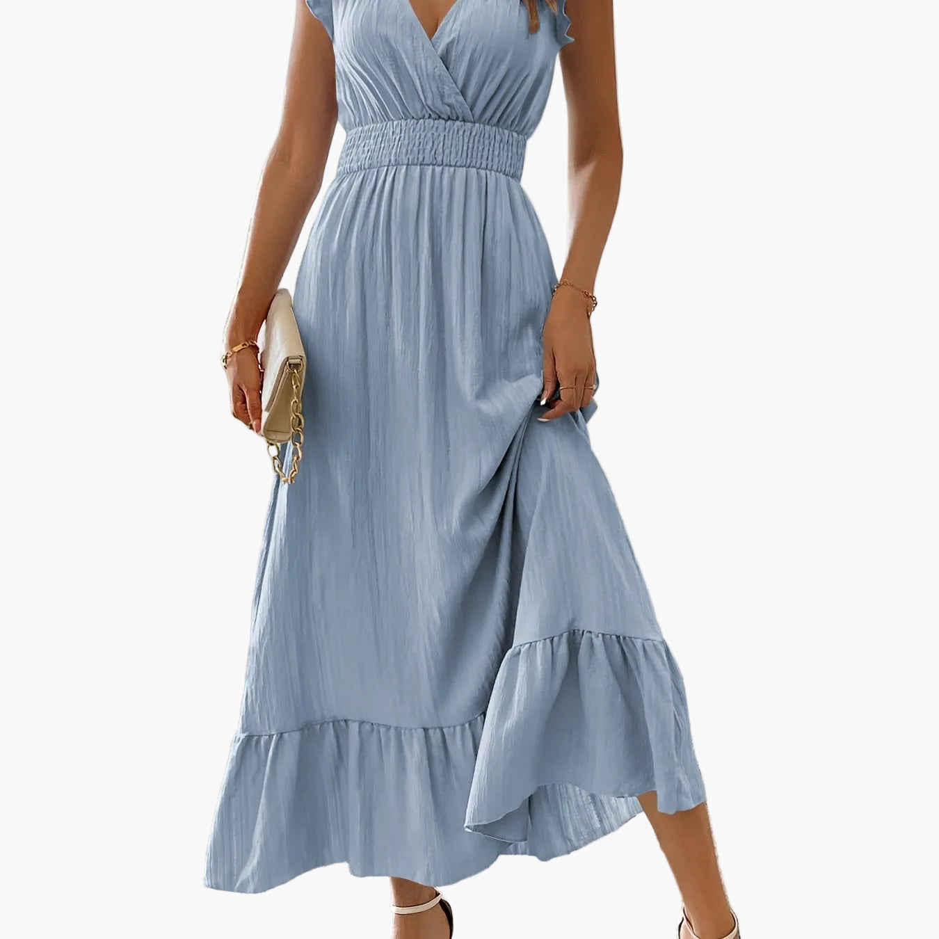 Abito lungo elegante da donna stile vacanze con maniche volant e vita arricciata