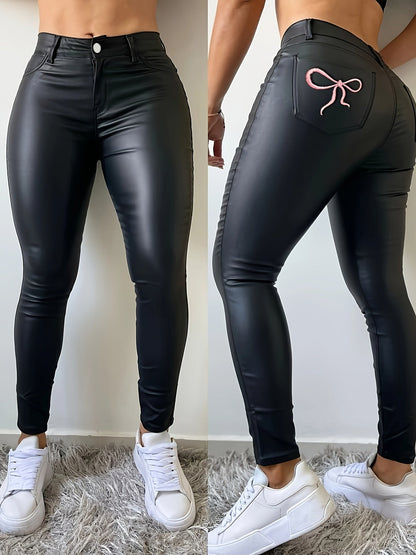 Pantalon Femme Noir Effet Cuir avec Nœuds Rose Détail Poches Arrière