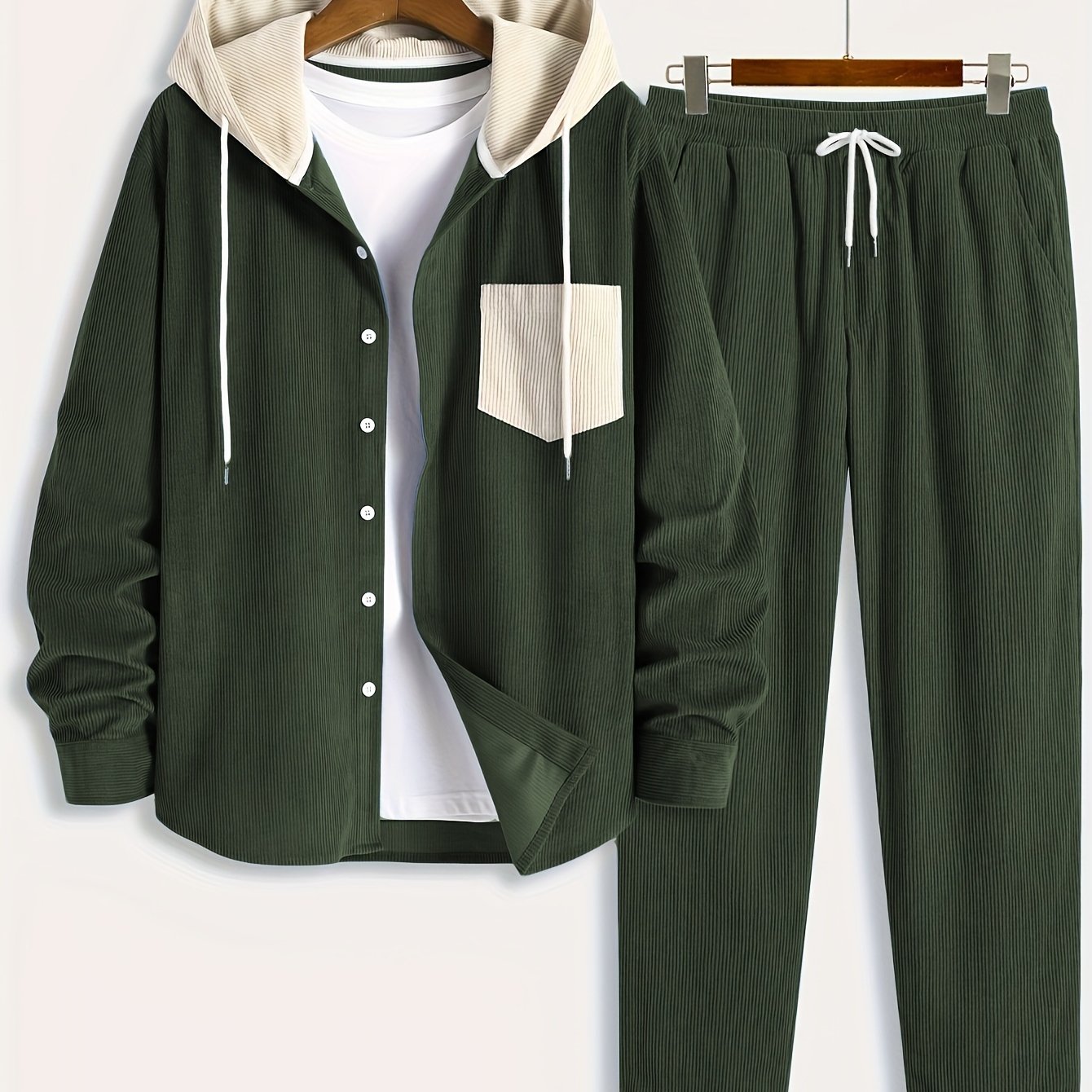 Ensemble Homme Côtelé Chemise à Capuche et Pantalon Couleur Unie