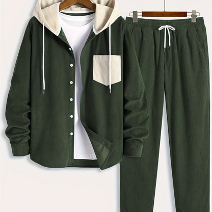 Ensemble Homme Côtelé Chemise à Capuche et Pantalon Couleur Unie