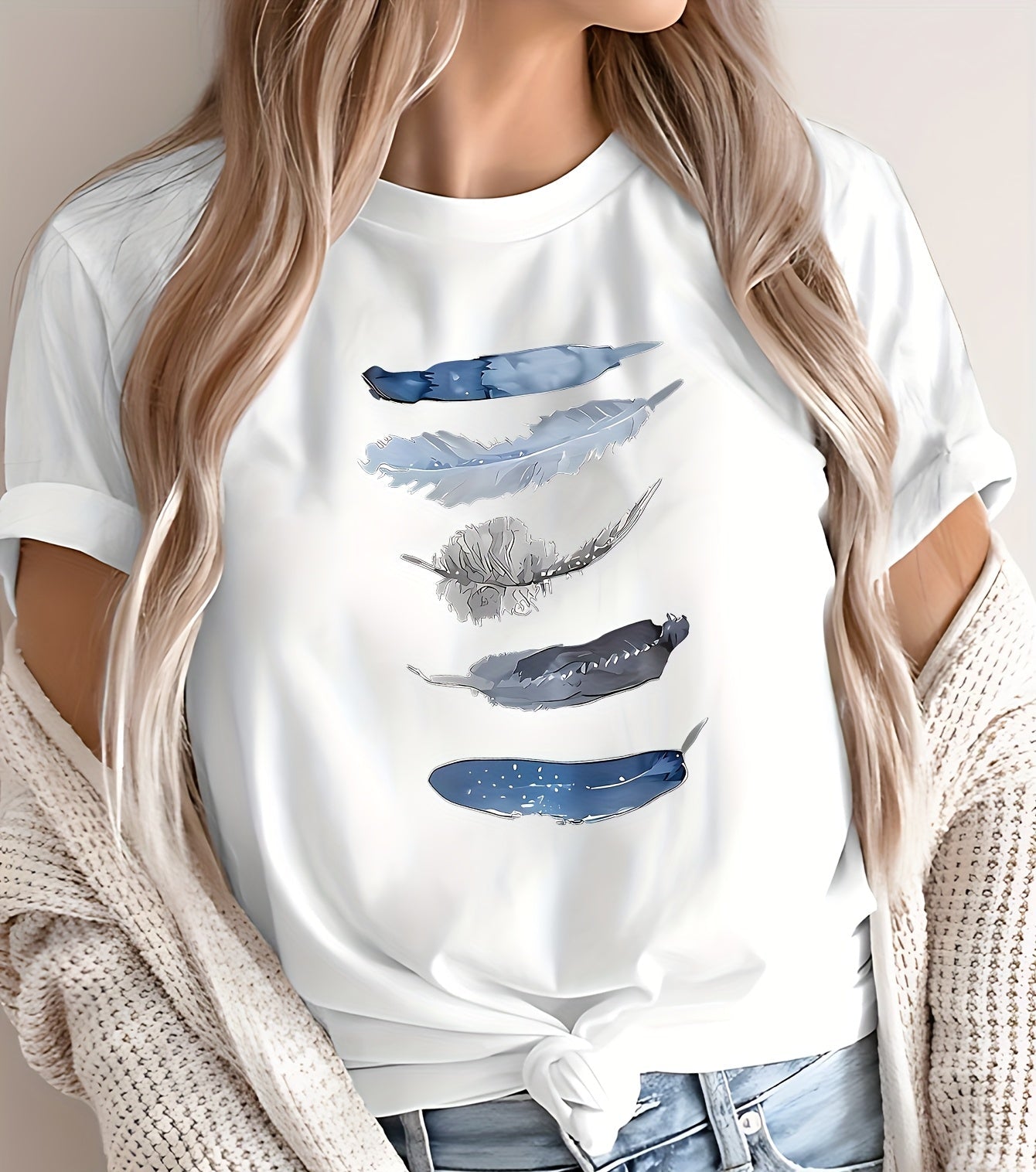 T-shirt Femme Style Décontracté avec Motif Plumes Artisitique – Idéal Pour le Printemps et l'Été