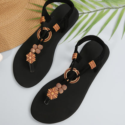 Sandali bassi bohemien da donna stile infradito con perle geometriche e fiore decorativo