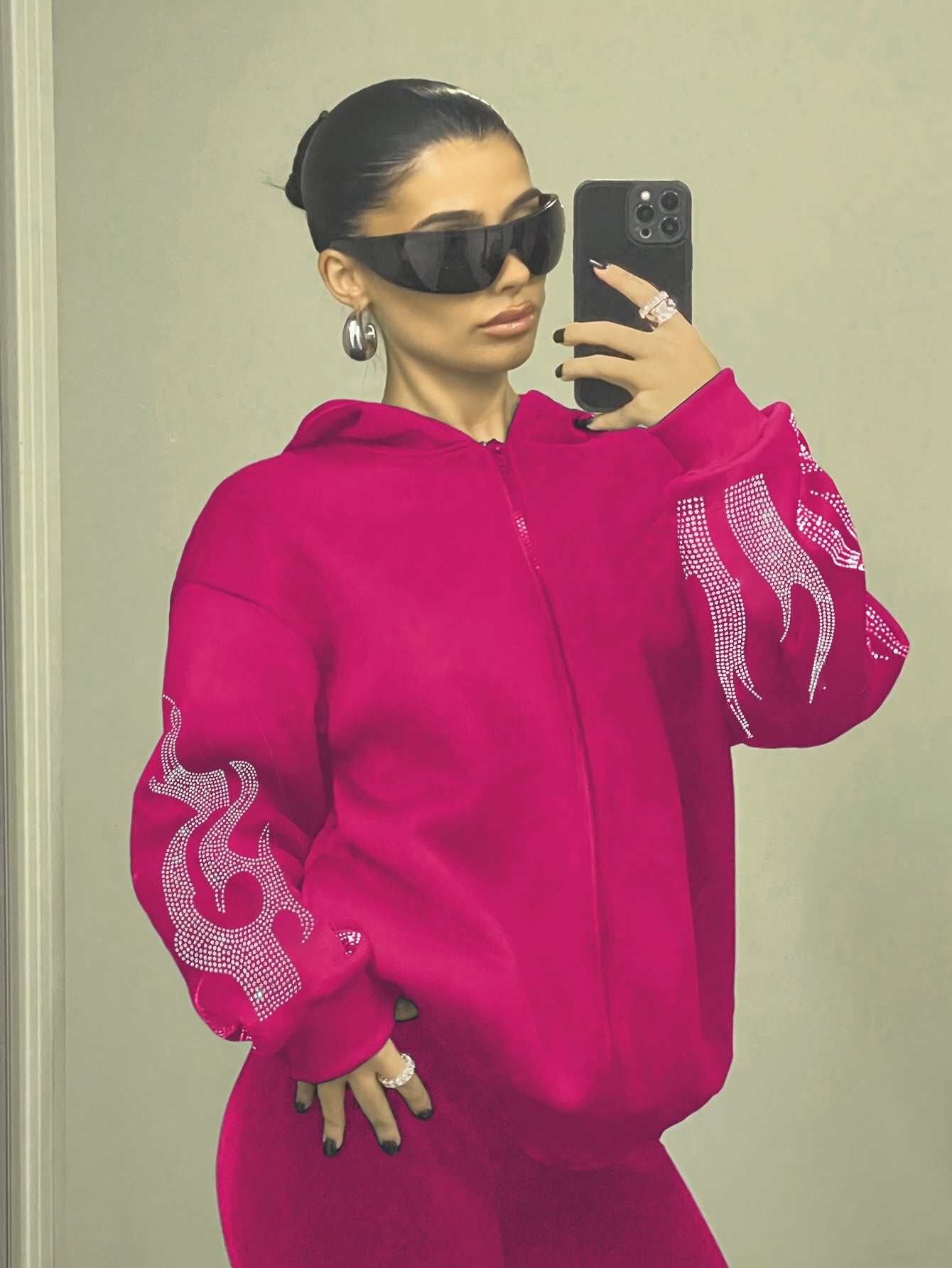 Sweat à Capuche Femme Décontracté Noir Flammé Strass Manches Longues