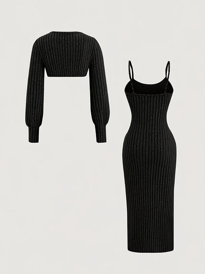 Ensemble Robe Midi Bretelles Fines & Boléro Court Manches Longues Maille Côtelée