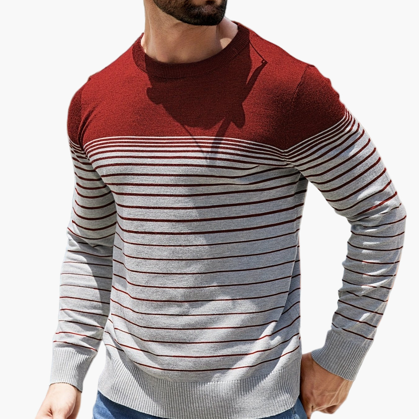 Męski sweter w paski, casual – długie rękawy, okrągły dekolt, idealny na wiosnę i jesień