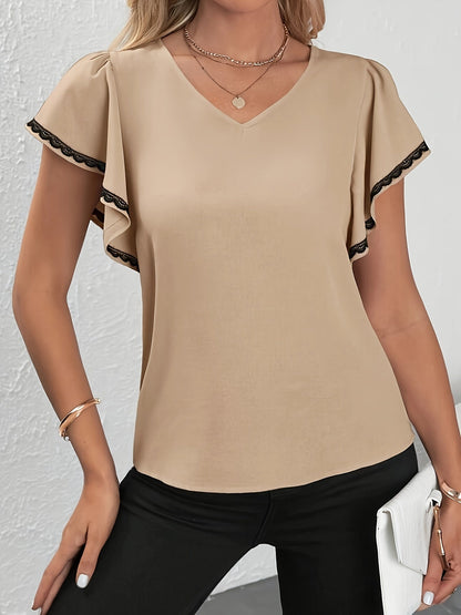 Elegant bluse til kvinder med flæseærmer og V-hals, chic stil til kontoret eller en aften ude