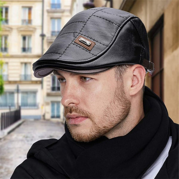 Casquette béret plate homme en simili cuir, coutures apparentes et boucle réglable