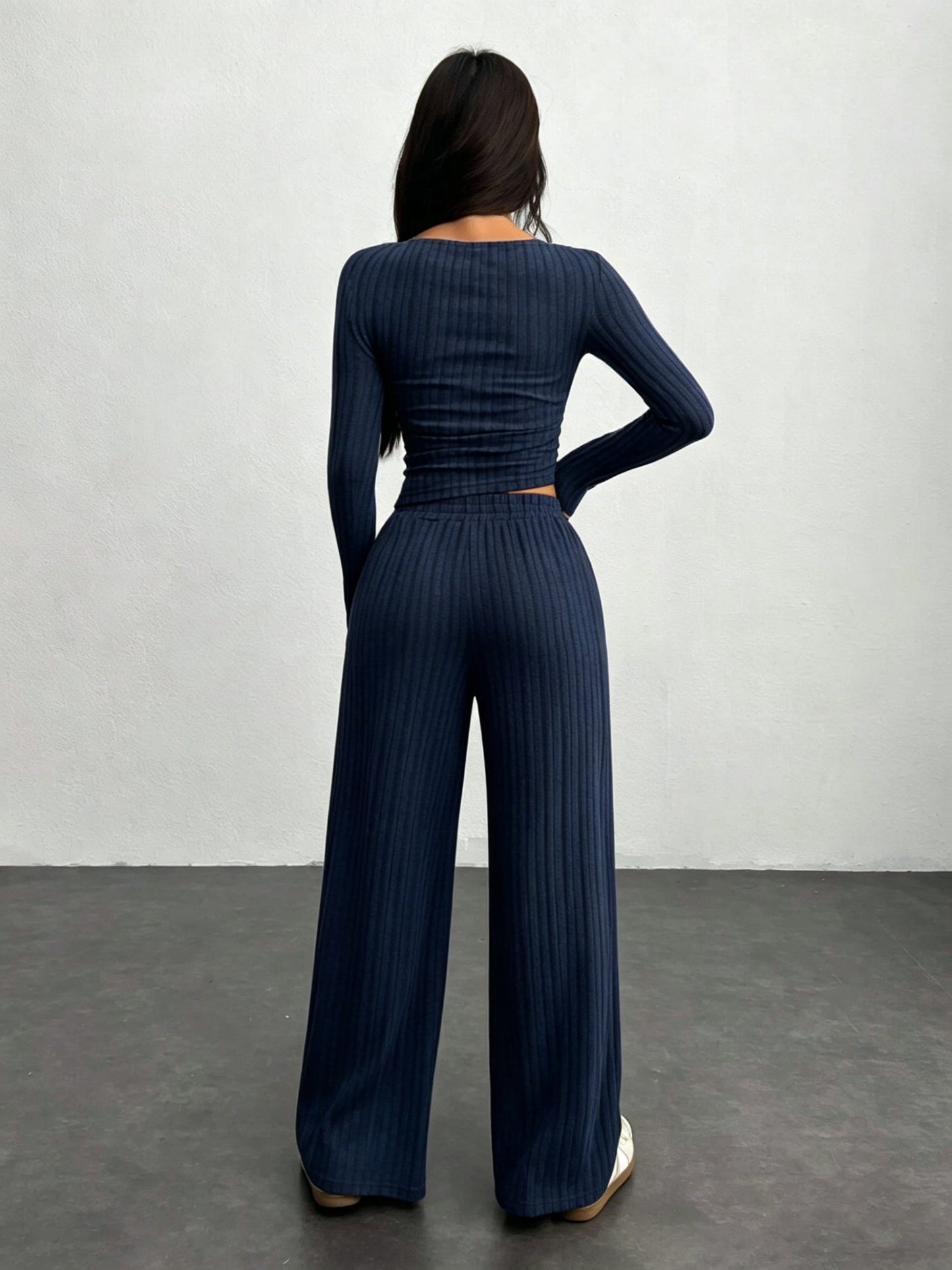Ensemble côtelé femme 2 pièces pull court et pantalon large gris