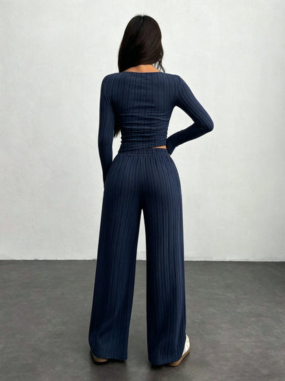 Ensemble côtelé femme 2 pièces pull court et pantalon large gris