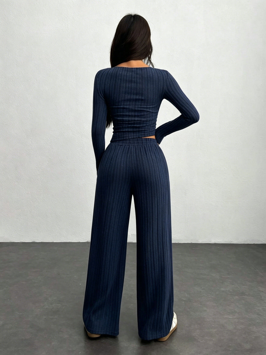Ensemble côtelé femme 2 pièces pull court et pantalon large gris
