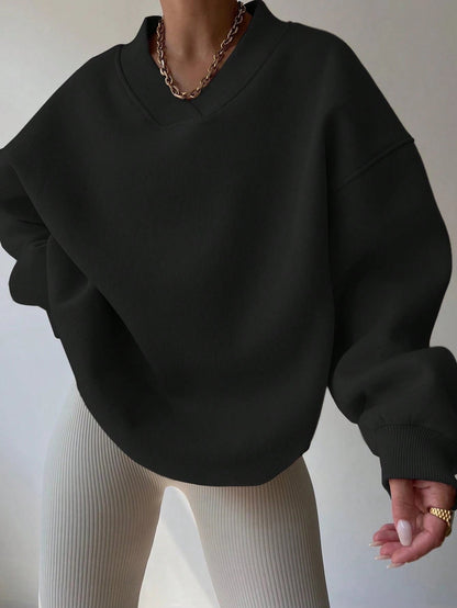 Pull col V femme noir décontracté manches longues