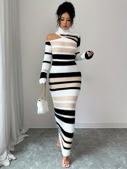 Robe longue moulante à col montant rayée Noir Crème Beige Femme