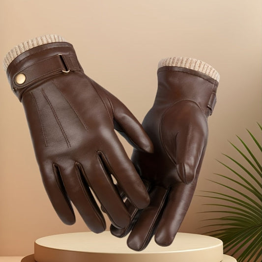 Gants d'hiver unisexe marron avec manchette tricotée et sangle réglable
