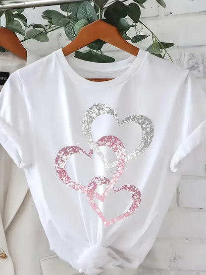 Damen-T-Shirt im lässigen Stil mit glitzernden Herzmotiven, kurze Ärmel, ideal für den Sommer  