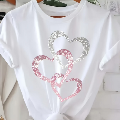 Damen-T-Shirt im lässigen Stil mit glitzernden Herzmotiven, kurze Ärmel, ideal für den Sommer  