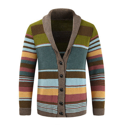 Cardigan pour Homme en Maille Rayée Col Châle à Boutons