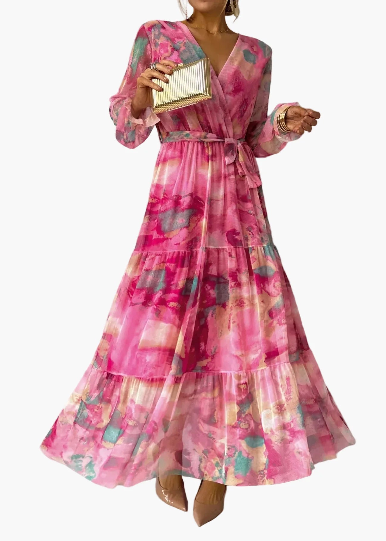 Abito lungo incrociato con maniche lunghe stile bohémien per donna – Eleganza raffinata per occasioni speciali