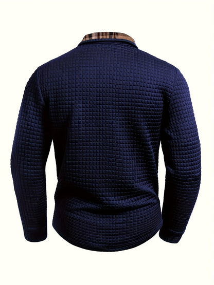Polo homme à manches longues texturé motif gaufré avec col et poche à carreaux
