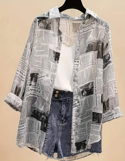 Chemise Femme Style Journal Imprimé avec Débardeur et Short Taille Haute, Tendance Urbaine Casual