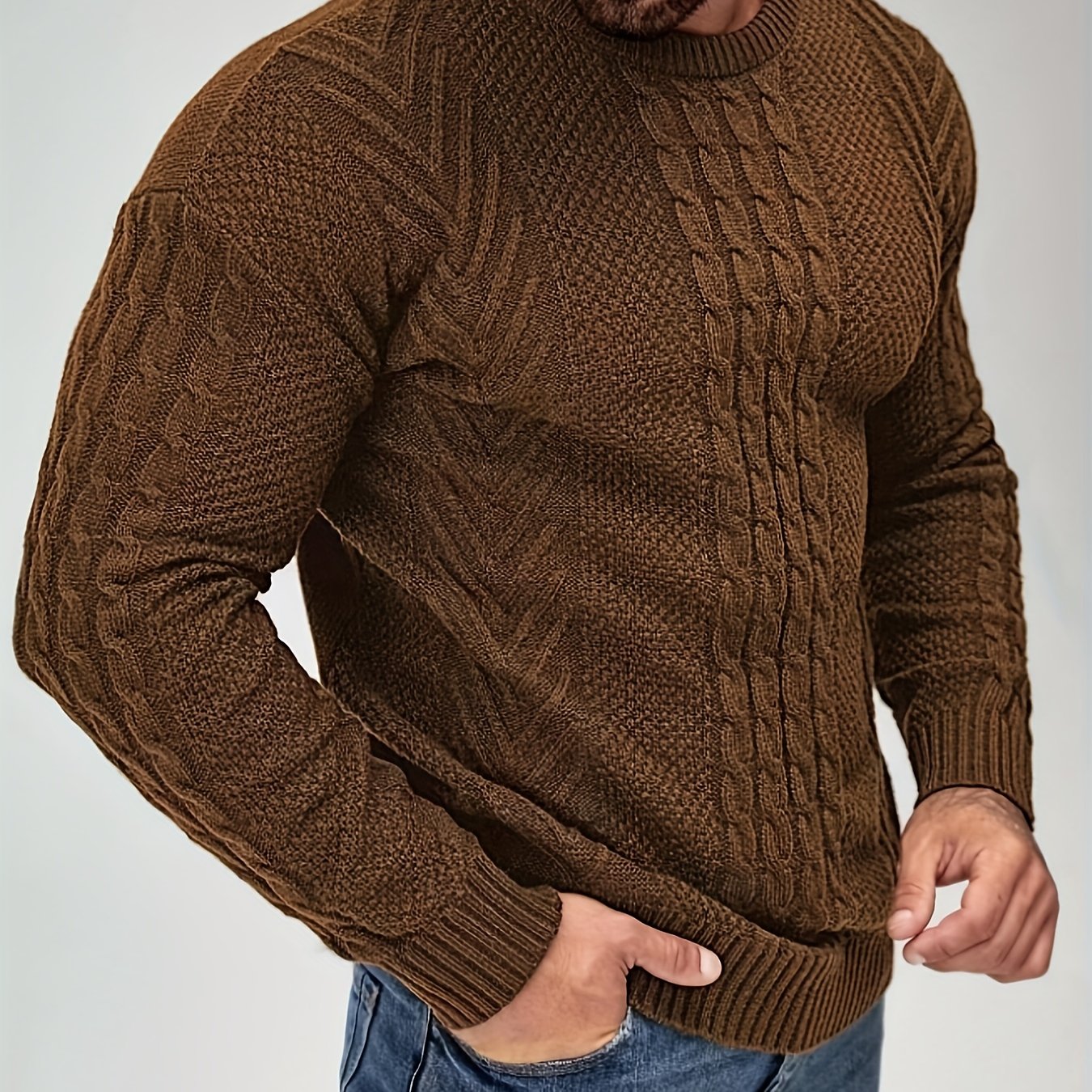 Jersey de punto trenzado para hombre estilo urbano casual – Mangas largas, elegante otoño/invierno