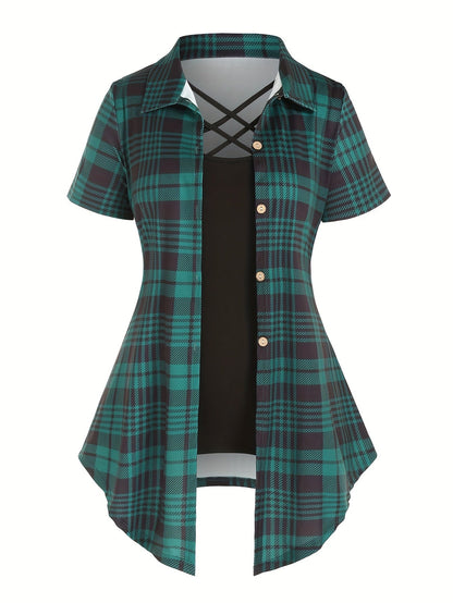 Chemise longue à carreaux style élégant pour femme, manches courtes, col à revers, été